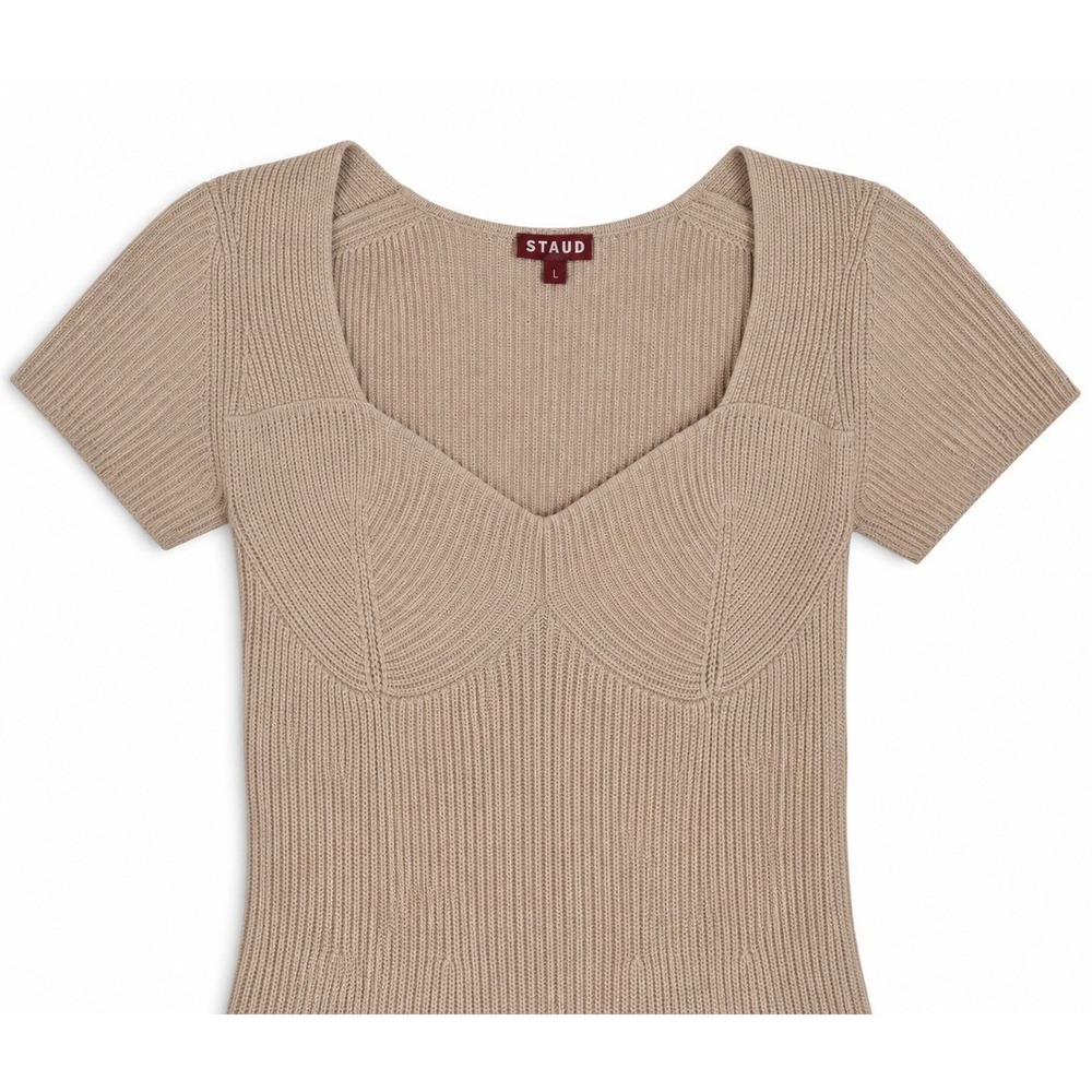 Staud Camden Ribbed Knit Sweater Maxi Dress Bustier Tan Beige L Sweetheart - Picture 6 of 7